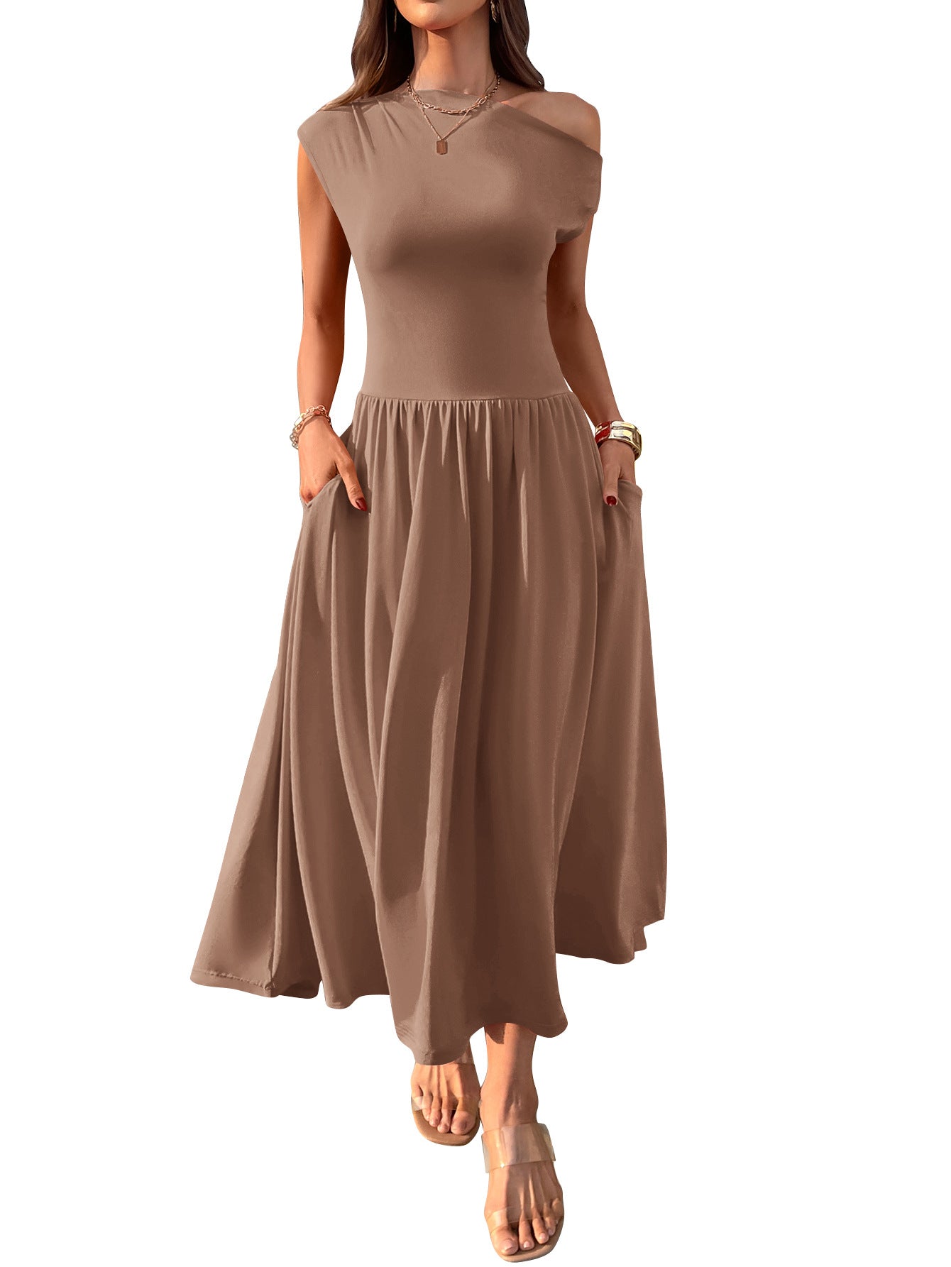 Cross-border Europe, America, Amazon Independent Station 2025 summer slanted shoulder sexy waist solid color long dress with pocket