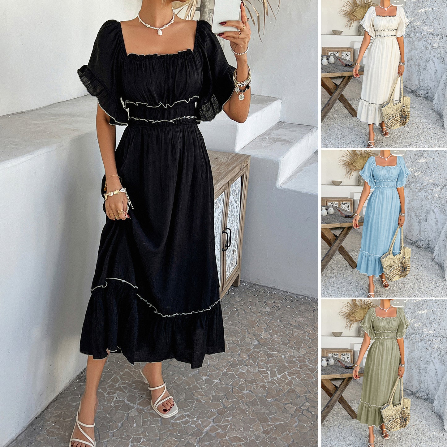 Diyun Europe and the United States cross-border 2025 spring and summer bohemian leisure vacation contrasting colors two wear short-sleeved dresses women's clothing - Mixbatch