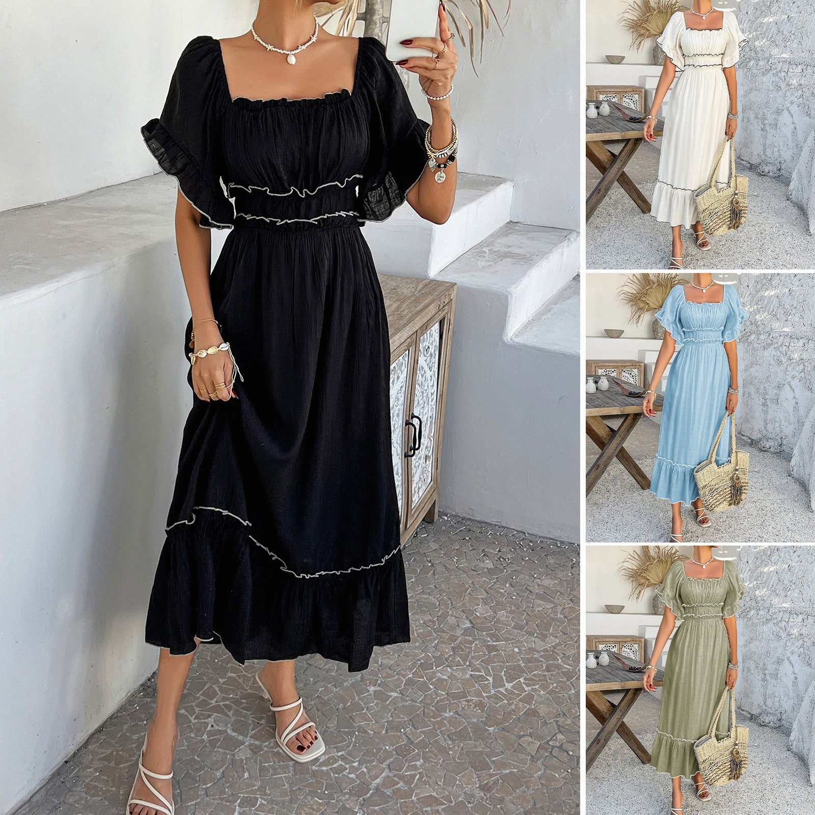 Diyun Europe and the United States cross-border 2025 spring and summer bohemian leisure vacation contrasting colors two wear short-sleeved dresses women's clothing - Mixbatch