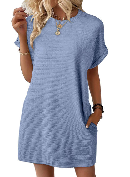 Europe, America, cross-border Amazon independent station 2025 summer new product loose round neck pocket solid color short-sleeved dress women