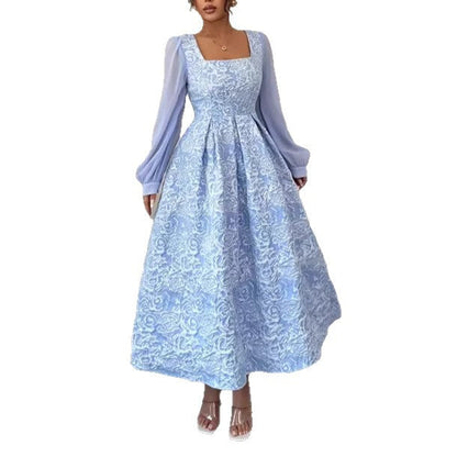 A square neck chiffon long-sleeved dress