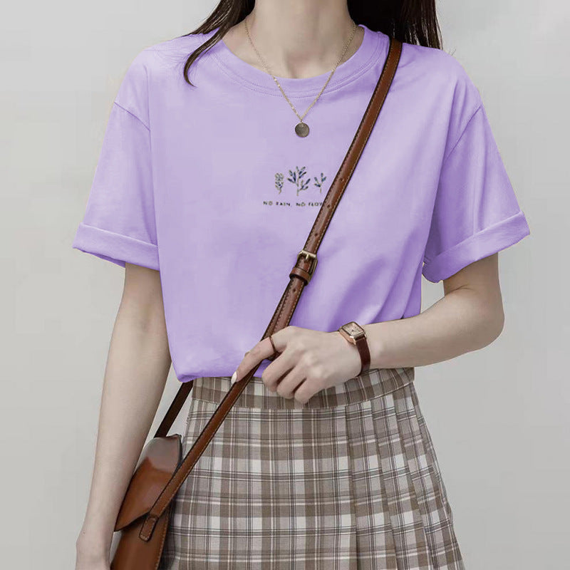 A Short Sleeve Korean Version Crew Neck T-Shirt Women's Summer Loose Plant Print Casual - Mixbatch