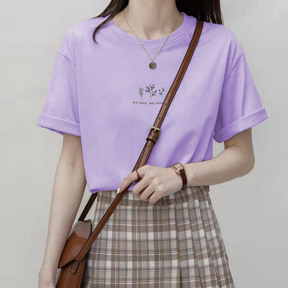 A Short Sleeve Korean Version Crew Neck T-Shirt Women's Summer Loose Plant Print Casual - Mixbatch