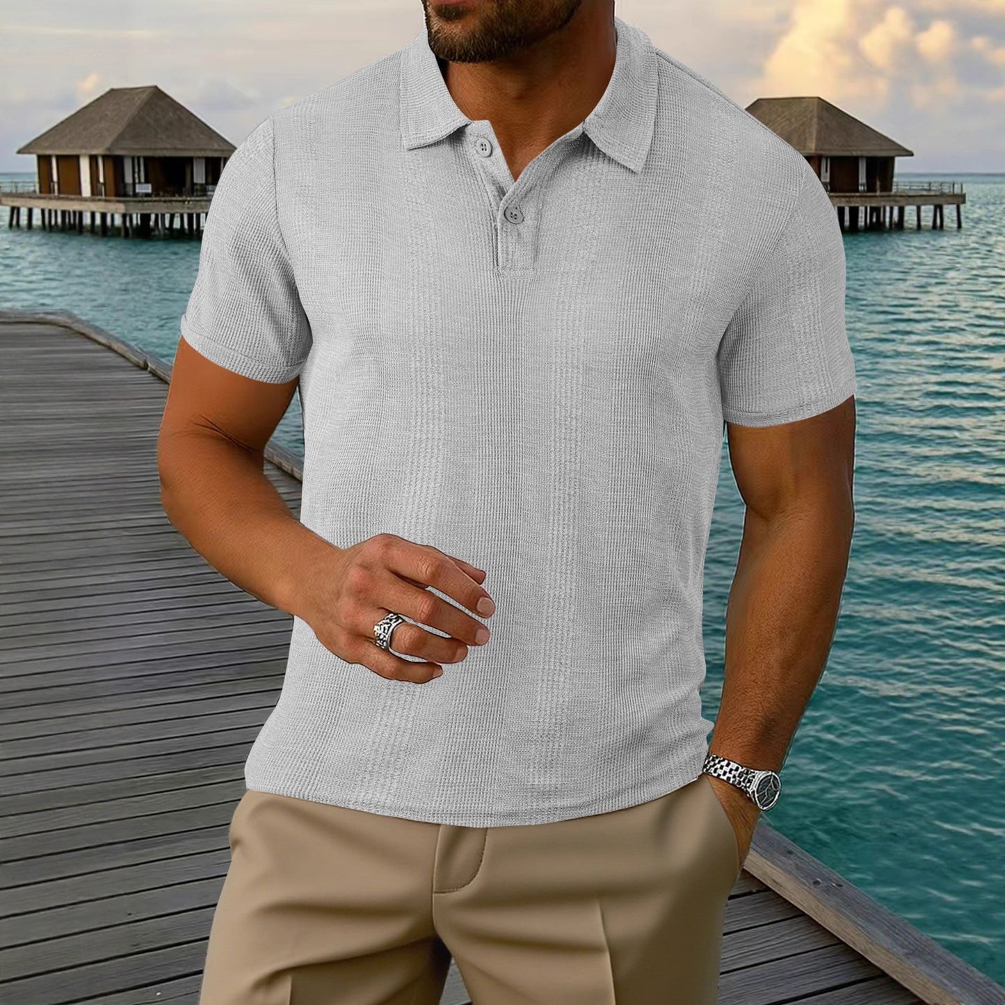 A summer new European and American cross-border men's short-sleeved jacquard polo shirt Amazon men's lapel texture t-shirt top