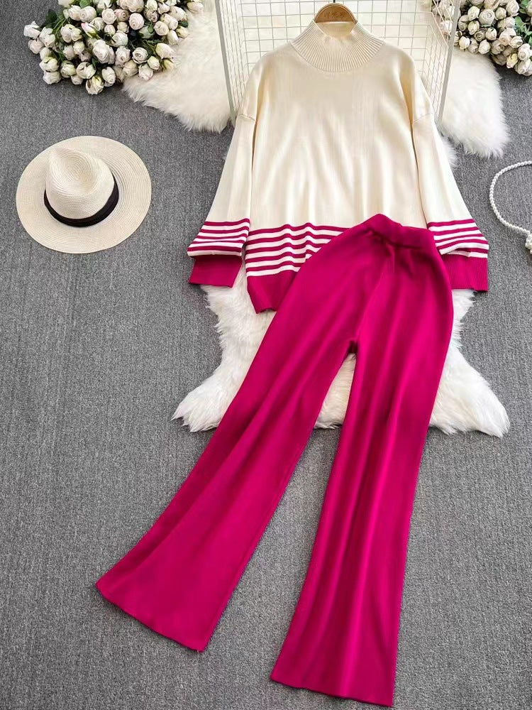 A long-sleeved striped knit two-piece set