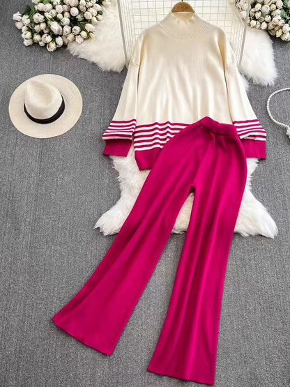 A long-sleeved striped knit two-piece set