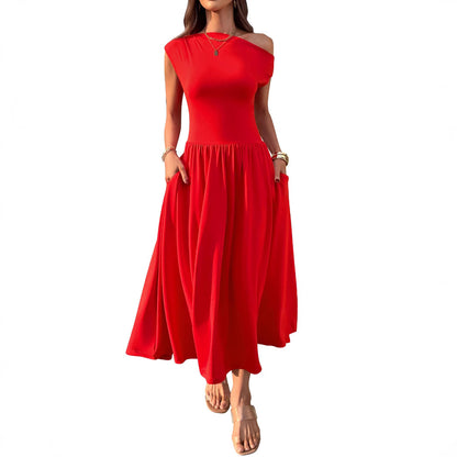 Cross-border Europe, America, Amazon Independent Station 2025 summer slanted shoulder sexy waist solid color long dress with pocket