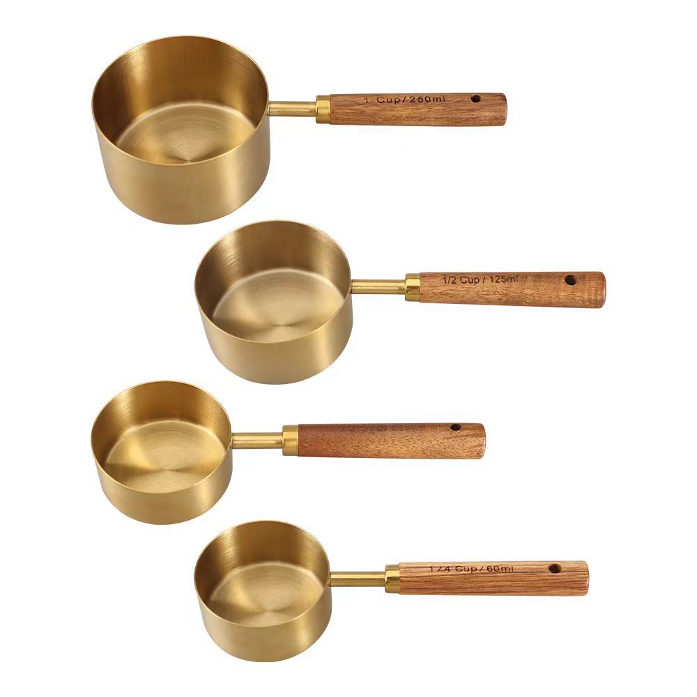 A Stainless steel measuring cup measuring spoon Acacia wooden handle baking tool