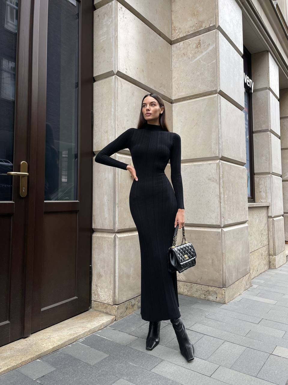 A long-sleeved knit dress
