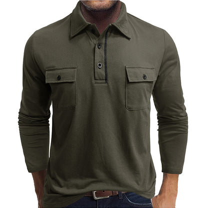 A Men's long-sleeved pocket lapel autumn and winter POLO shirt foreign trade European and American outdoor casual polo suit men's cotton top
