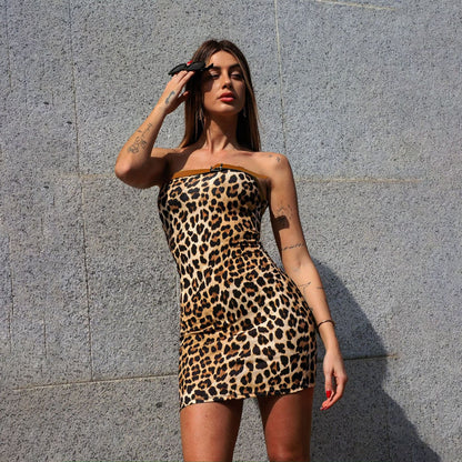 D099DS European and American cross-border 2025 spring new sexy Spice Girl tube top belt hip skirt fashion leopard print woman - Mixbatch