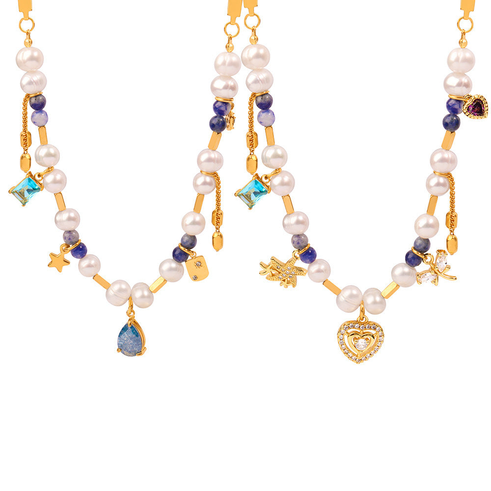 A ins European and American light luxury commuter necklace women's geometric love inlaid zircon pendant ins freshwater pearl natural stone collarbone