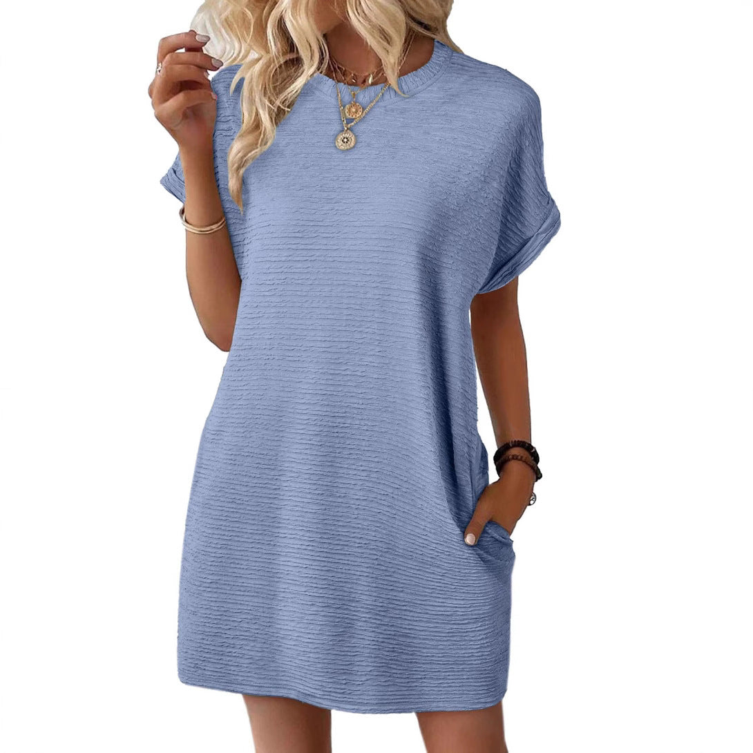 Europe, America, cross-border Amazon independent station 2025 summer new product loose round neck pocket solid color short-sleeved dress women