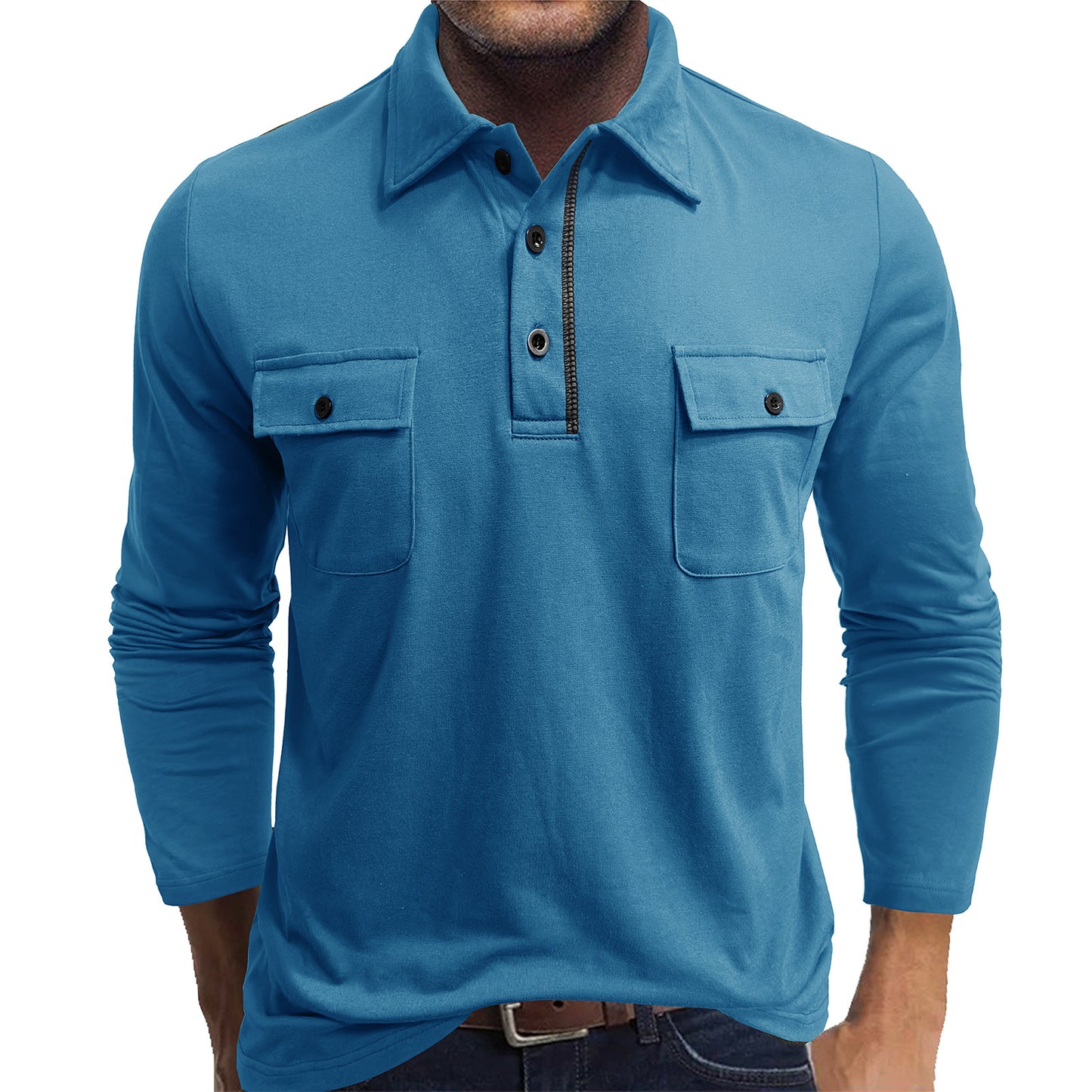 A Men's long-sleeved pocket lapel autumn and winter POLO shirt foreign trade European and American outdoor casual polo suit men's cotton top