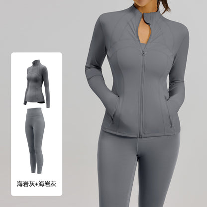 A Cross-border solid color splicing sports suit, slim fit training, fitness yoga clothes, women with pockets