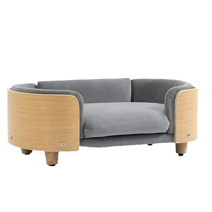 A solid wood pet bed