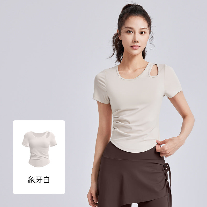A Skinny and wrinkled yoga clothes women's one cup with chest pad sports fitness top short sleeve summer