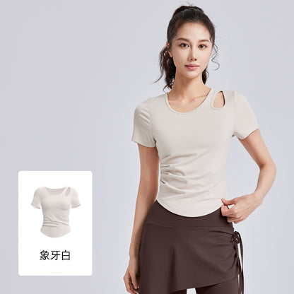A Skinny and wrinkled yoga clothes women's one cup with chest pad sports fitness top short sleeve summer