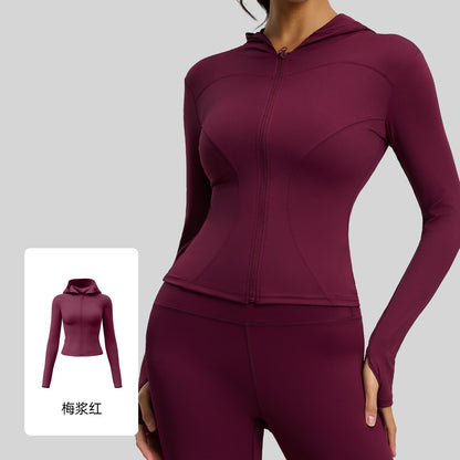 A new tight hooded yoga clothes high elastic nude slim cardigan with sleeves yoga jacket
