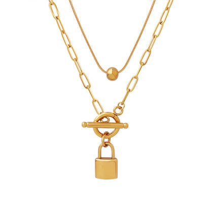 A European and American personality trend OT buckle two wear lock head steel ball pendant collarbone chain double stack wear necklace titanium steel jewelry