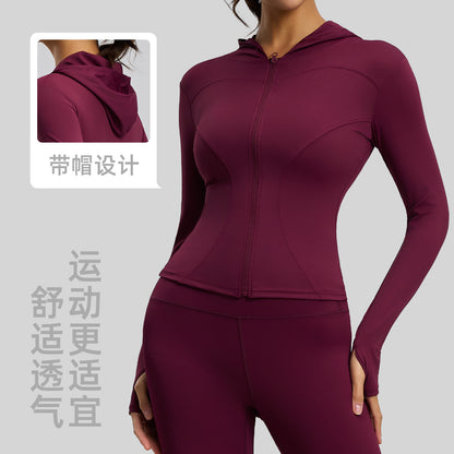 A new tight hooded yoga clothes high elastic nude slim cardigan with sleeves yoga jacket