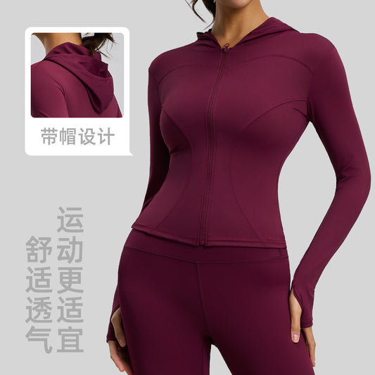 A new tight hooded yoga clothes high elastic nude slim cardigan with sleeves yoga jacket
