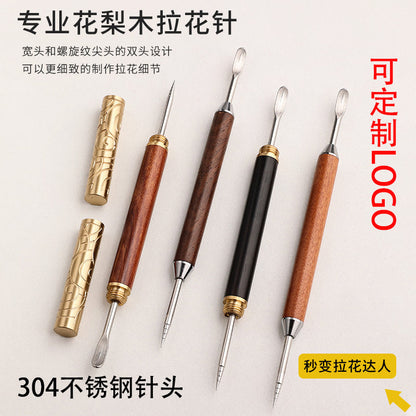 A Italian coffee fancy, coffee latte needle, pear wooden handle hook 304 stainless steel engraved stick coffee utensils