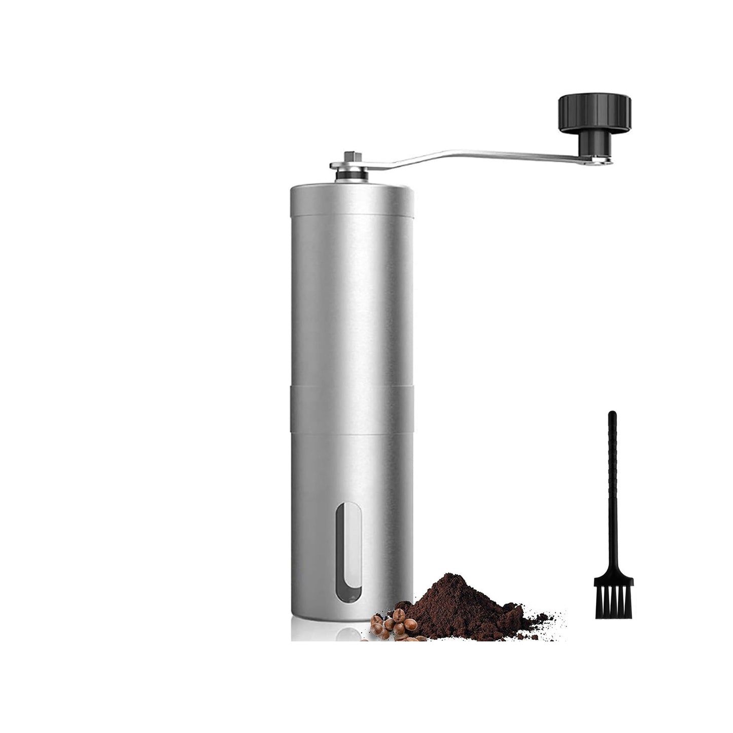A stainless steel hand coffee grinder