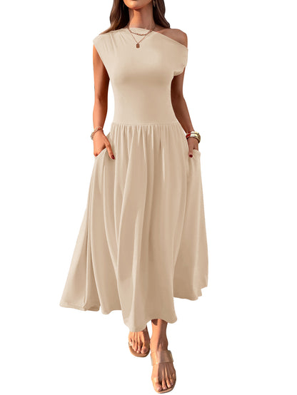 Cross-border Europe, America, Amazon Independent Station 2025 summer slanted shoulder sexy waist solid color long dress with pocket