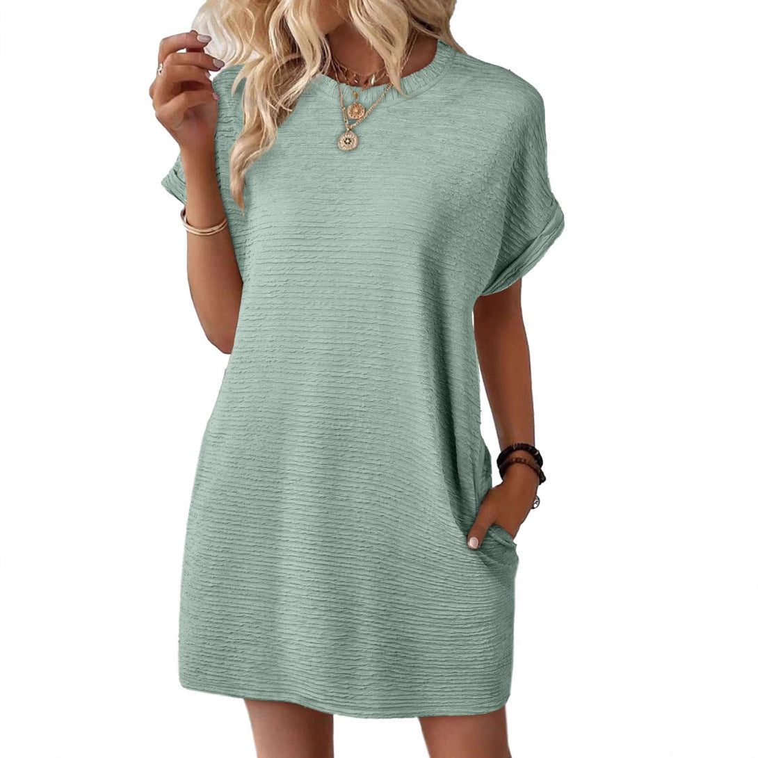 Europe, America, cross-border Amazon independent station 2025 summer new product loose round neck pocket solid color short-sleeved dress women
