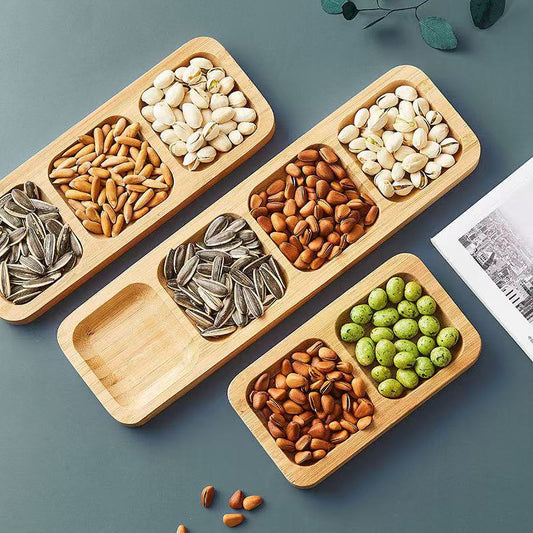 A Japanese-style bamboo and wood dried fruit plate