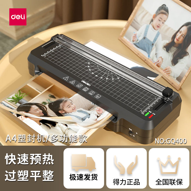 آلة تغليف البلاستيك Deli GQ400، مناسبة للمكاتب والمنازل الصغيرة، تتميز بقدرتها على قص الزوايا المستديرة، وهي آلة متكاملة ثلاثية الوظائف لتغليف الصور التجارية. 