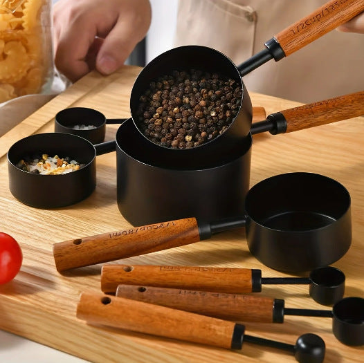A Stainless steel measuring cup measuring spoon Acacia wooden handle baking tool