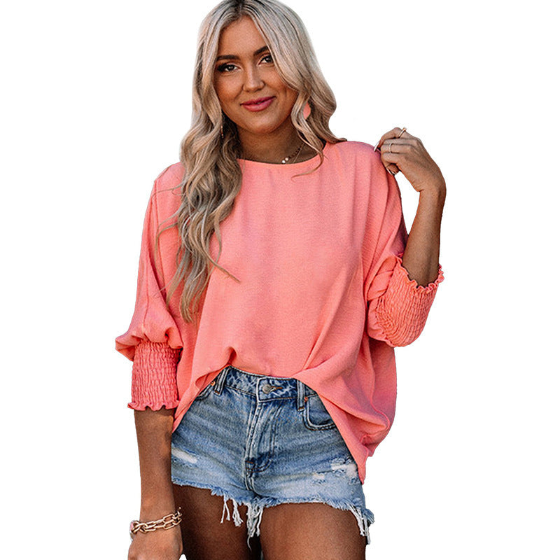 Amazon Independent Station Europe, America, Cross-border 2025 Summer New Products Women's Loose Large Size Crew Neck Solid Color Wrap Top