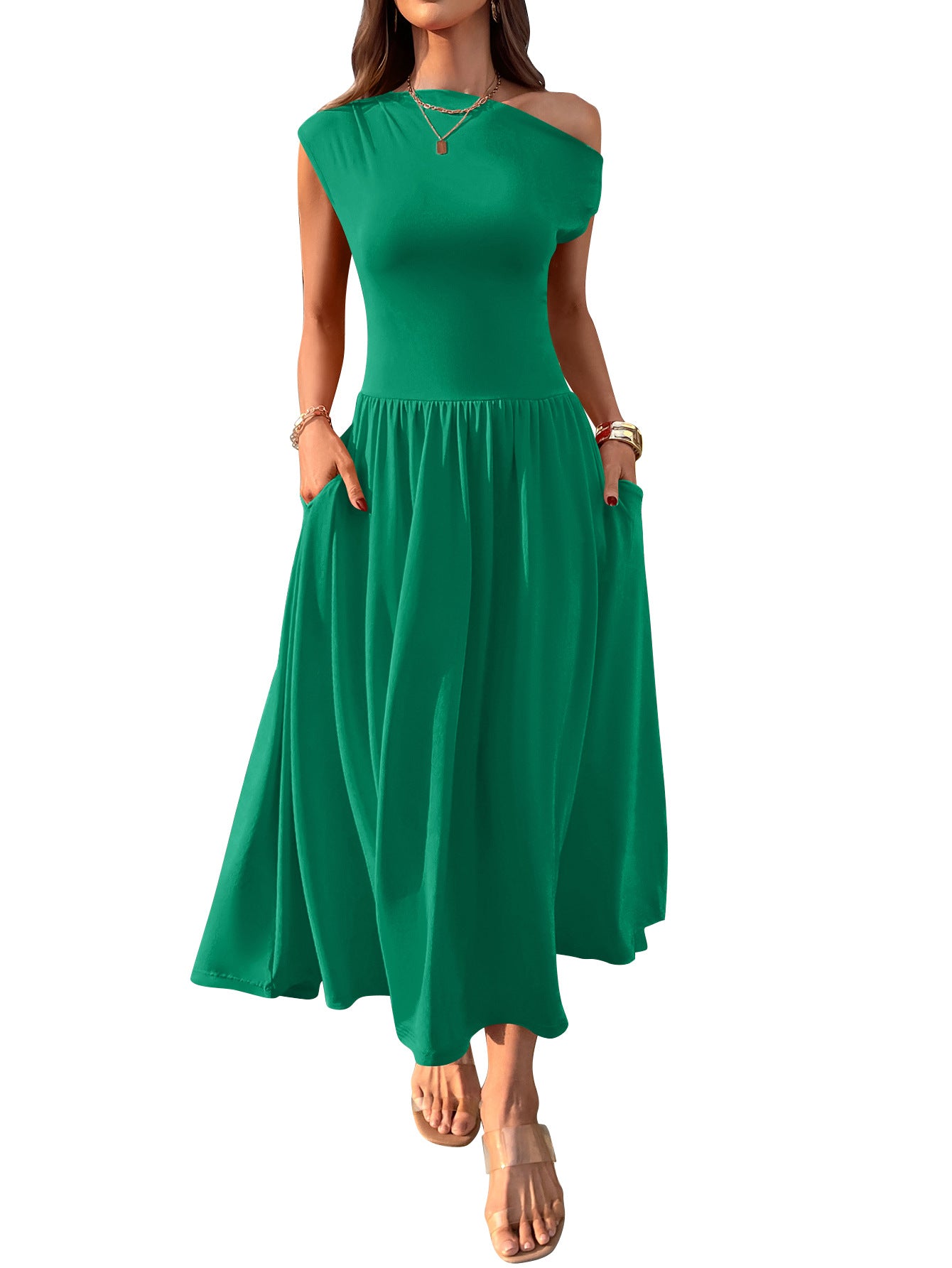 Cross-border Europe, America, Amazon Independent Station 2025 summer slanted shoulder sexy waist solid color long dress with pocket