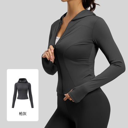 A new tight hooded yoga clothes high elastic nude slim cardigan with sleeves yoga jacket