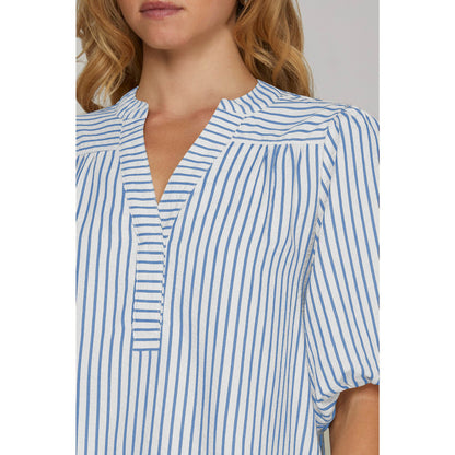 European beautiful women's shirt Amazon independent station cross-border 2025 new V-neck splicing bubble sleeve striped top