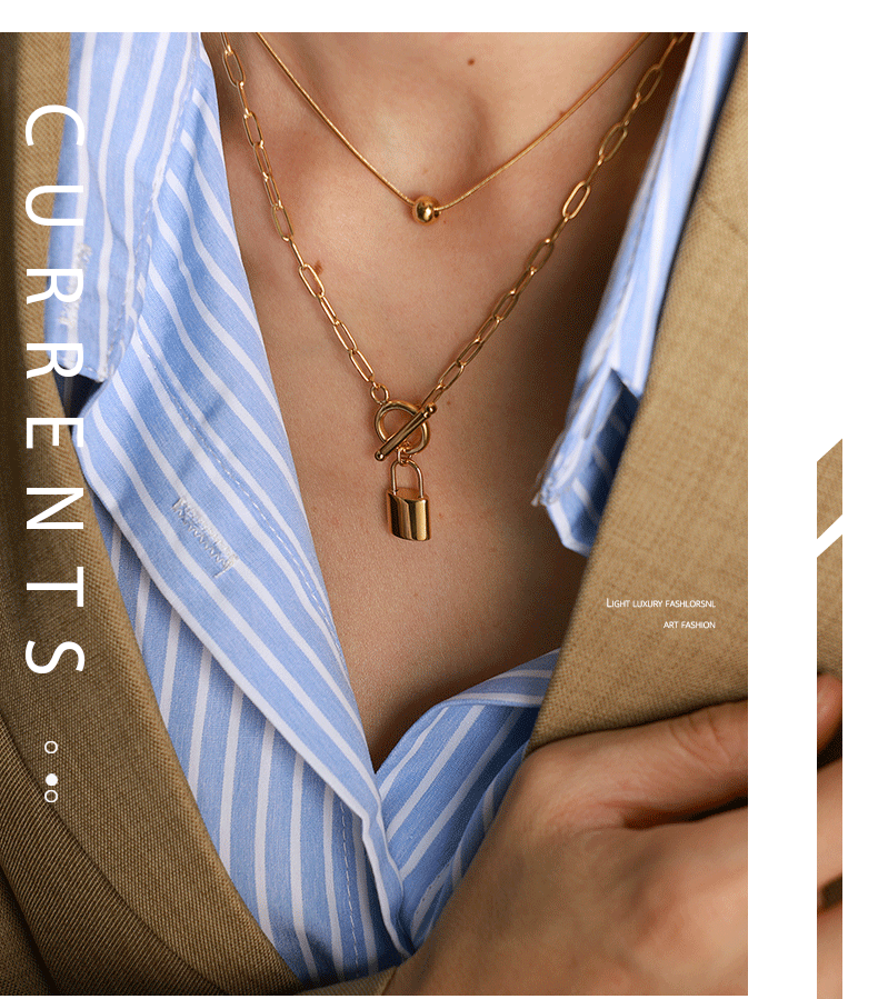 A European and American personality trend OT buckle two wear lock head steel ball pendant collarbone chain double stack wear necklace titanium steel jewelry