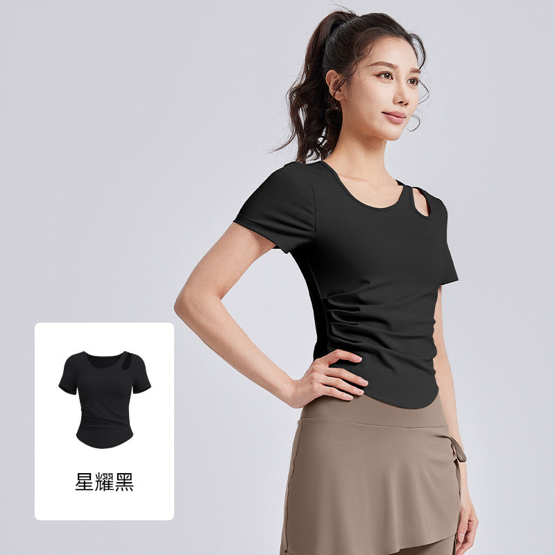 A Skinny and wrinkled yoga clothes women's one cup with chest pad sports fitness top short sleeve summer