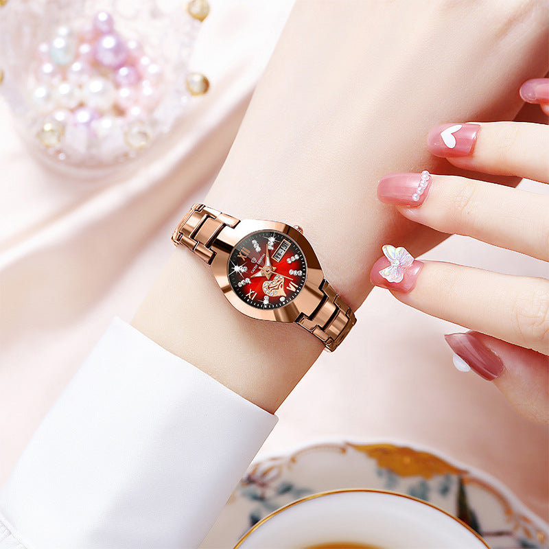 A Korean version of fashion trend women's watch double calendar diamond-encrusted waterproof luminous