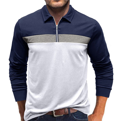 A Men's Fashion Color-Blocking Long Sleeve Zip Henry Shirt Amazon Fall Winter Men's Lapel Casual POLO Shirt