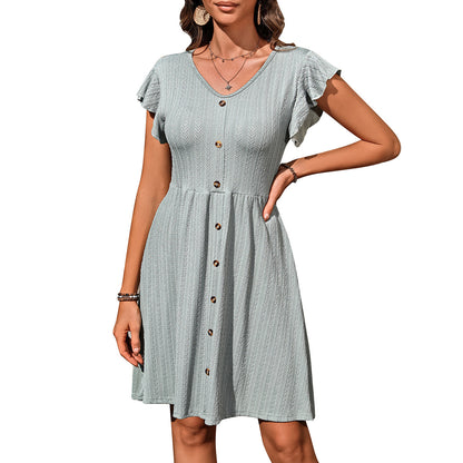 Europe, America, cross-border 2025 Amazon summer new women's clothing V-neck button waist elastic short-sleeved dress women