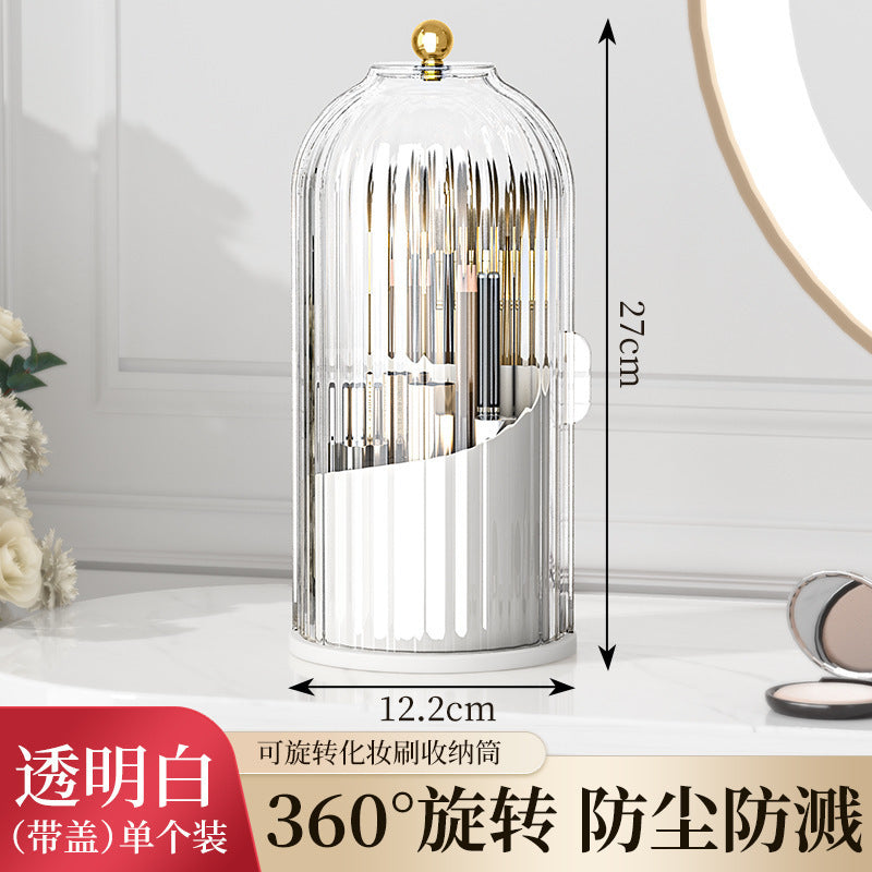 A birdcage pen holder rack dustproof compartment tabletop cosmetic storage box rotating makeup brush organizer dresser
