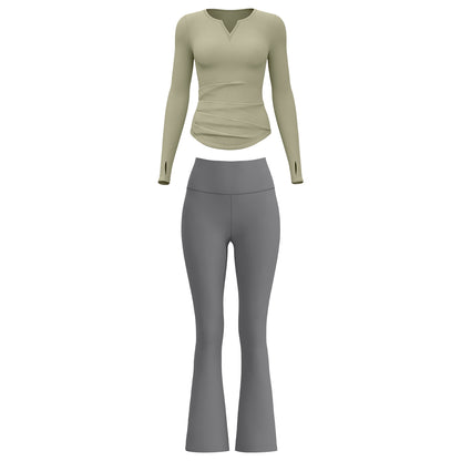 A autumn v-neck yoga suit pleated naked feeling slim and thin long fitness suit women