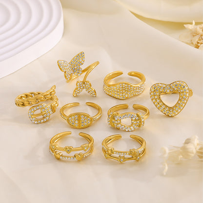 A European and American classic popular geometric full diamond ring temperament versatile love butterfly gold stacking does not fade ring woman