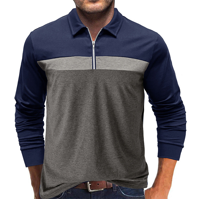 A Men's Fashion Color-Blocking Long Sleeve Zip Henry Shirt Amazon Fall Winter Men's Lapel Casual POLO Shirt