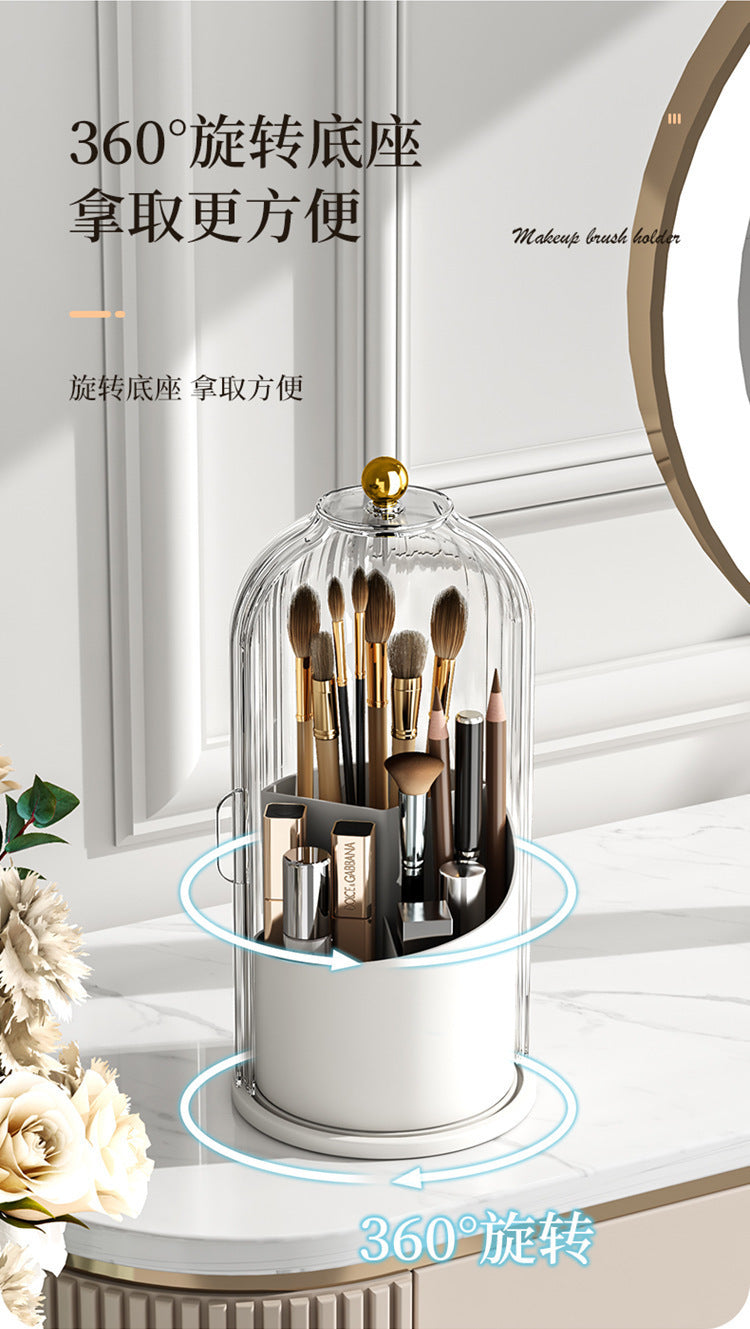 A birdcage pen holder rack dustproof compartment tabletop cosmetic storage box rotating makeup brush organizer dresser