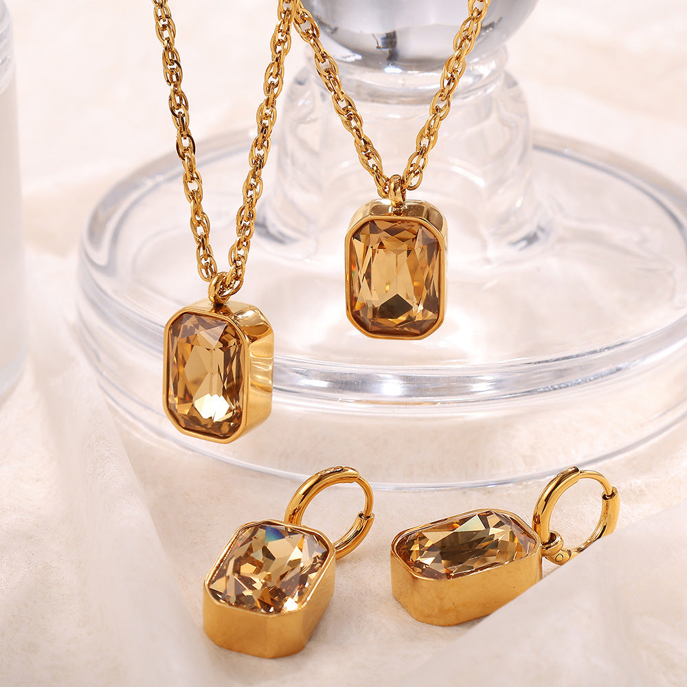 A European and American cross-border new products, square glass stone pendant, earrings, necklace for women, simple light luxury stainless steel jewelry for women