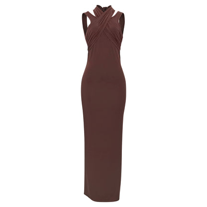 A701DS European and American cross-border 2025 spring new dress solid color neck hollow slim hip high waist sexy - Mixbatch