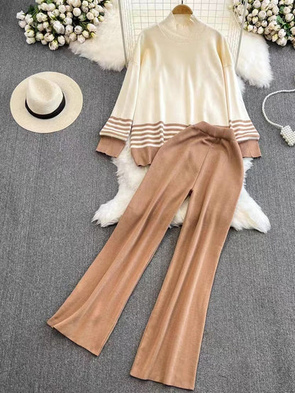 A long-sleeved striped knit two-piece set